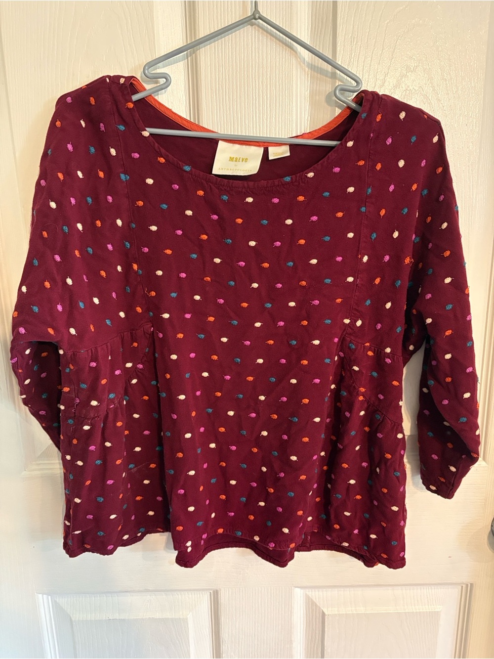 Anthropologie Maroon Dot-Embroidered Peasant Top